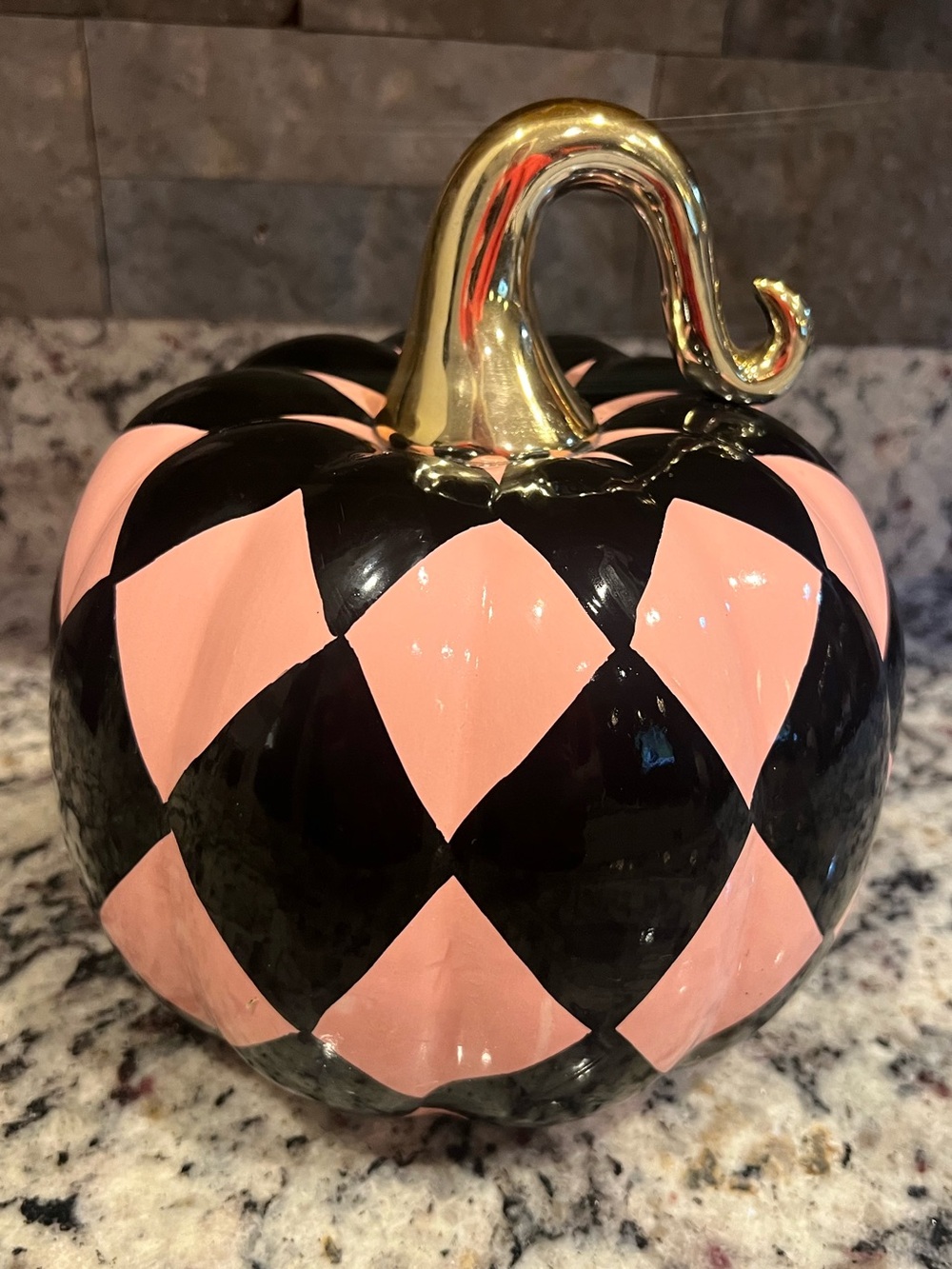 Black and Pink Harlequin Pumpkin. Glossy finish with a Gold stem. Like new! - Picture 4 of 8